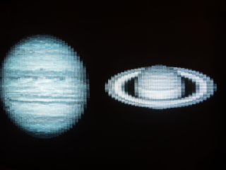 #FujiNet APOD Viewer showing Jupiter and Saturn in 'GRAPHICS 9' (80x192 16-greyscale) mode